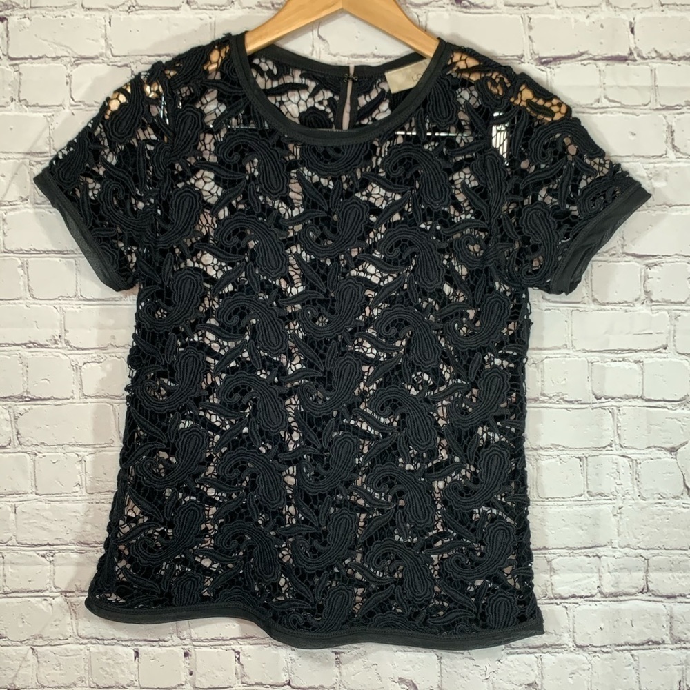 Loft Black Crochet Short Sleeve Top